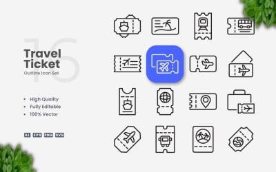 16 Travel Ticket Outline Icon Set